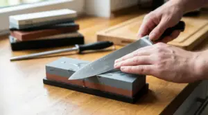 Mani che affilano un coltello da cucina su una pietra per affilare su un piano di lavoro