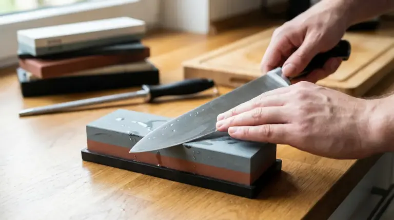 Mani che affilano un coltello da cucina su una pietra per affilare su un piano di lavoro