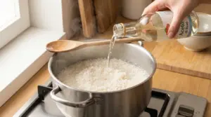 Una mano versa aceto di riso in una pentola di riso in cottura su un fornello