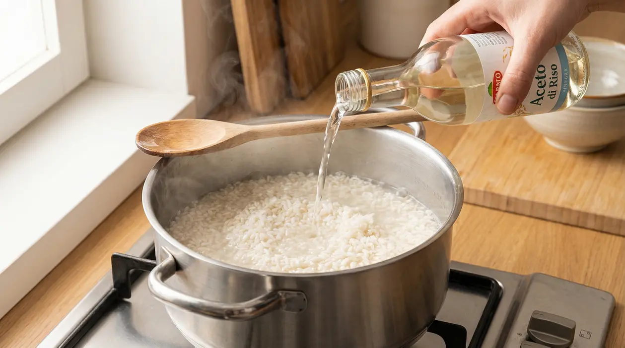 Una mano versa aceto di riso in una pentola di riso in cottura su un fornello