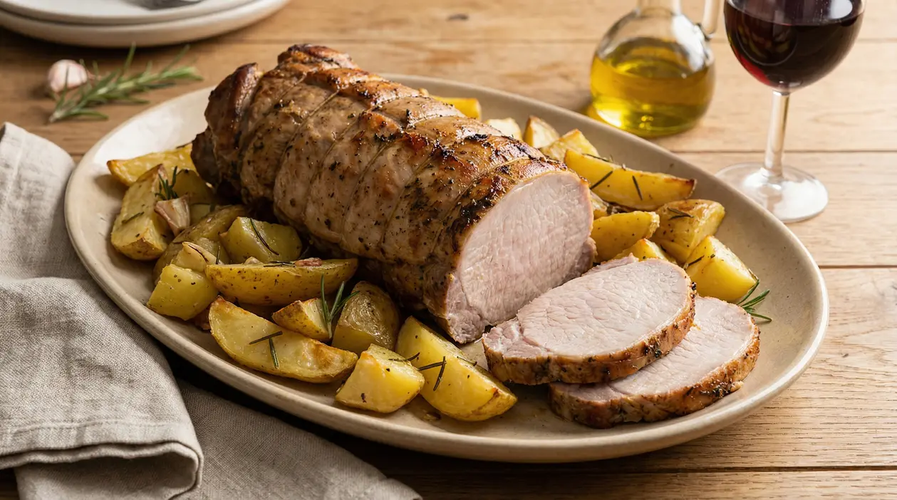 Arista di maiale al forno con patate su piatto rustico di ceramica