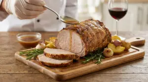 Arrosto succoso affettato con contorno di patate e cipolle su tagliere di legno