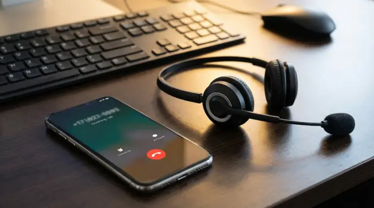 Telefono con chiamata in arrivo e cuffie con microfono su una scrivania vicino a tastiera e mouse