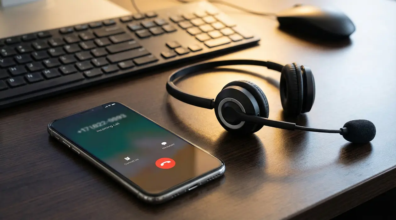 Telefono con chiamata in arrivo e cuffie con microfono su una scrivania vicino a tastiera e mouse