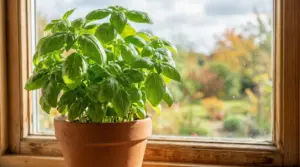 Pianta di basilico verde in un vaso di terracotta su un davanzale soleggiato