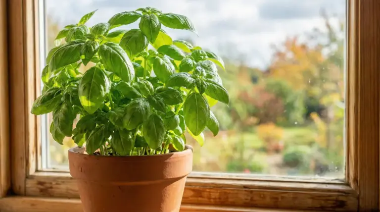 Pianta di basilico verde in un vaso di terracotta su un davanzale soleggiato