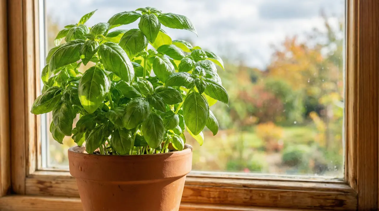 Pianta di basilico verde in un vaso di terracotta su un davanzale soleggiato