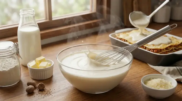 Ingredienti freschi e besciamella cremosa preparata in una ciotola di vetro accanto a una teglia di lasagne.