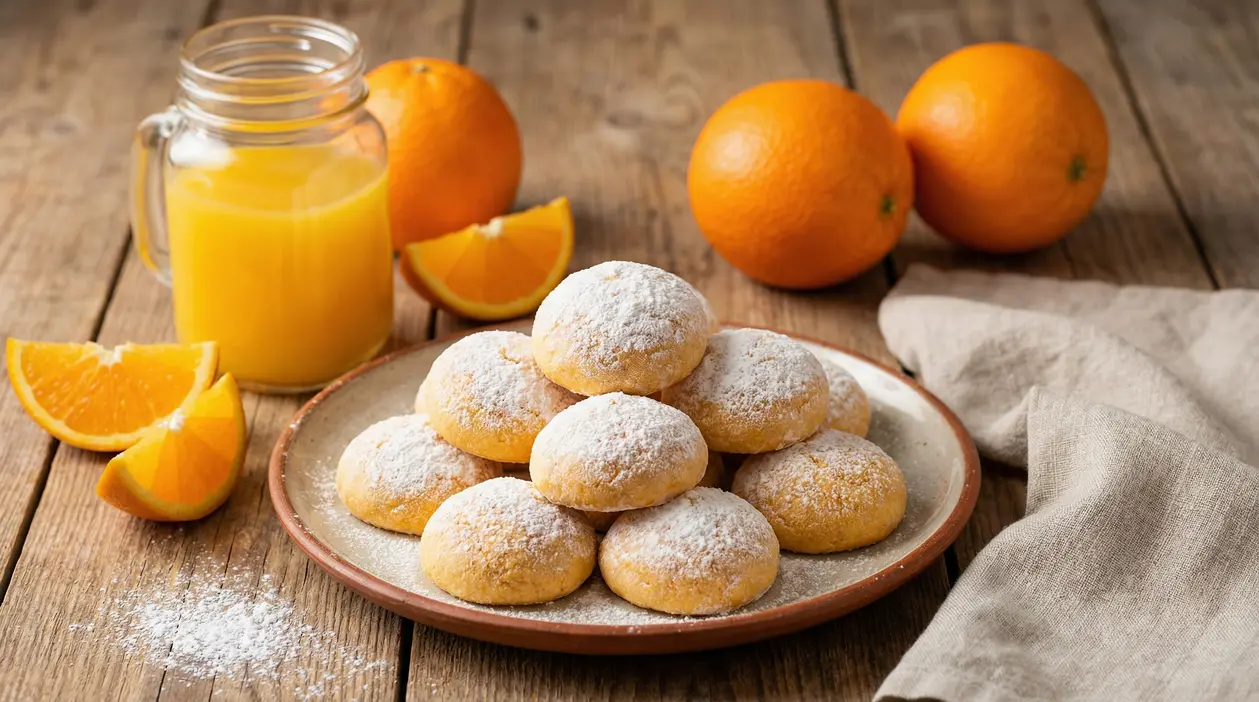 Biscotti morbidi all'arancia senza burro su un piatto con succo d'arancia e arance intere