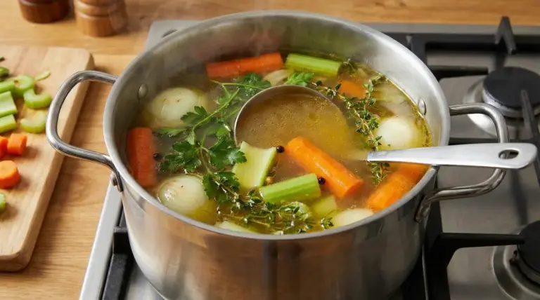 Pentola di brodo vegetale con cipolle, carote, sedano e erbe aromatiche sul fornello
