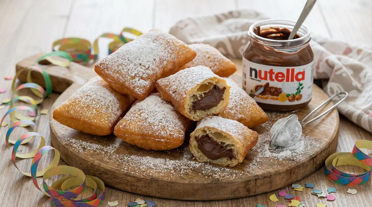 Bugie di Carnevale ripiene di Nutella su un tagliere con zucchero a velo e coriandoli colorati