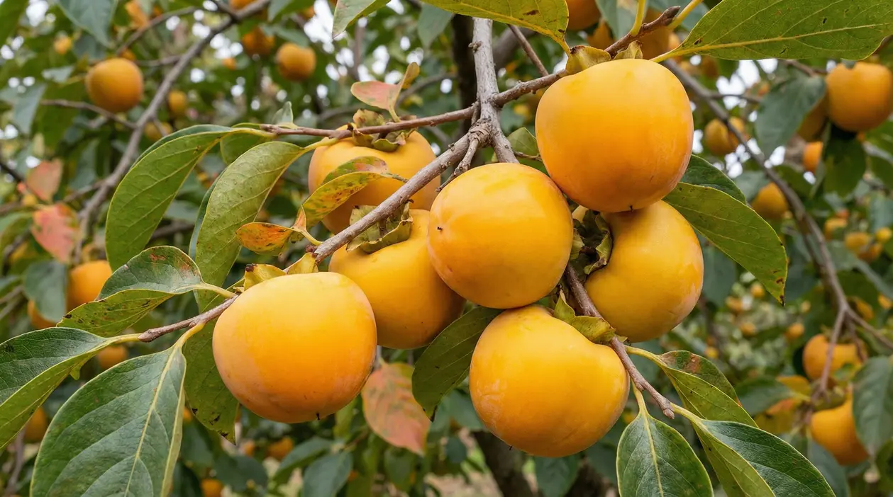 Cachi mela maturi appesi ai rami di un albero in un frutteto.