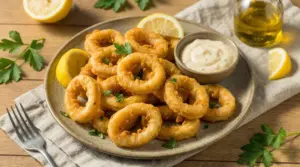 Piatto di calamari fritti croccanti con fettine di limone e salsa in accompagnamento