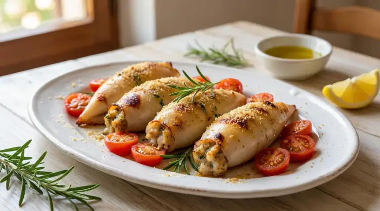 Calamari ripieni al forno serviti con pomodorini su un piatto bianco, decorati con rosmarino