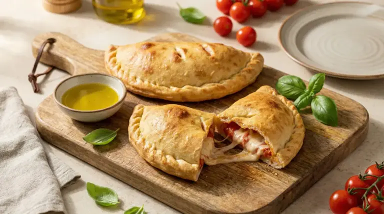 Calzoni al forno su tagliere di legno, uno tagliato con ripieno filante visibile