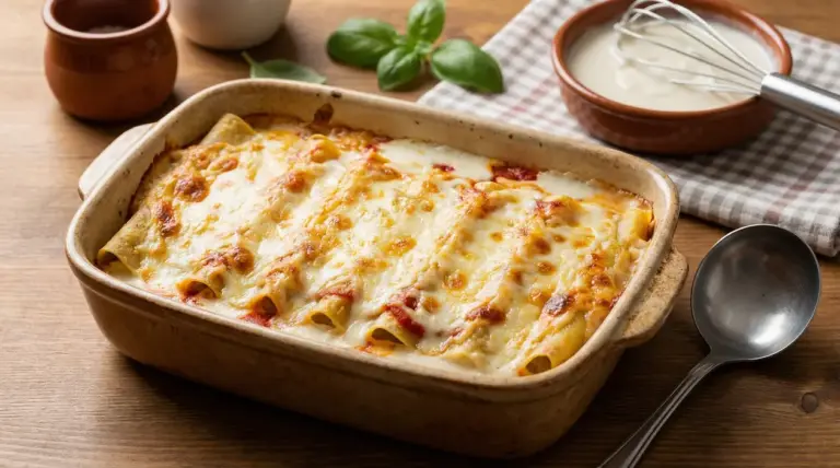 Cannelloni ripieni di carne al forno con besciamella in una teglia rustica
