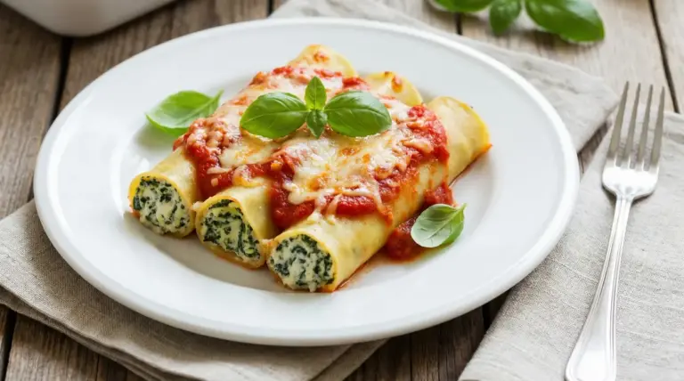 Cannelloni vegetariani ripieni di ricotta e spinaci con salsa di pomodoro su piatto bianco