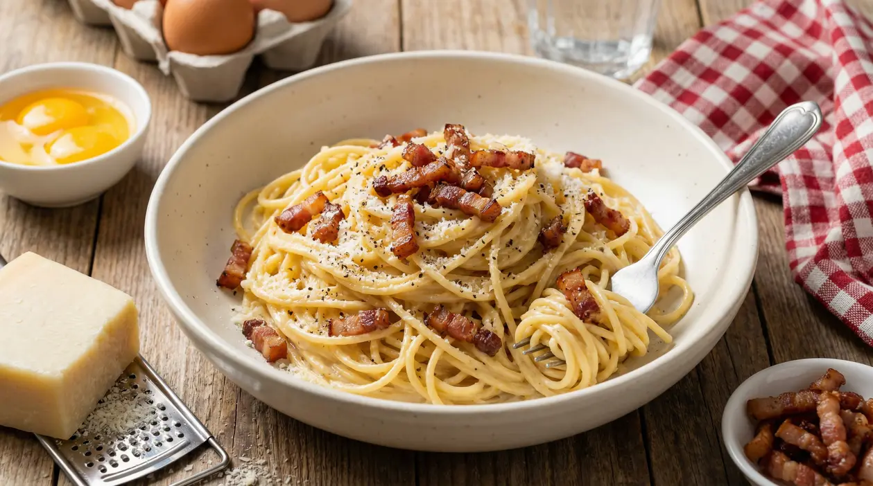 Un piatto di spaghetti alla carbonara con guanciale croccante e crema di uova e pecorino