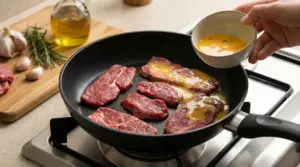 Fettine di carne cruda in padella con miscela liquida versata da una ciotola