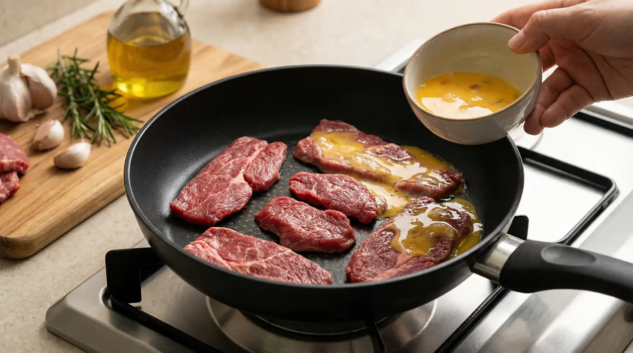 Fettine di carne cruda in padella con miscela liquida versata da una ciotola