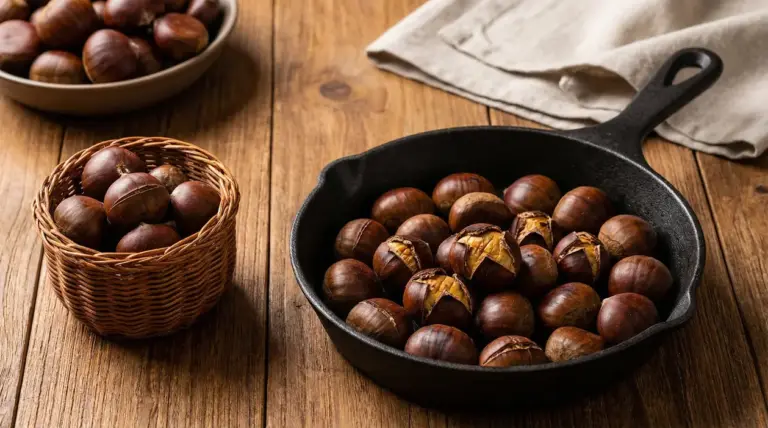 Castagne appena arrostite in padella nera su tavolo rustico in legno