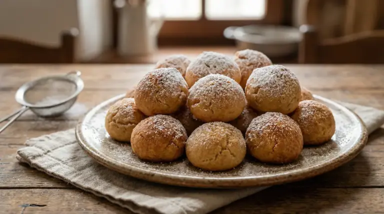 Castagnole al forno disposte su un piatto rustico e spolverate di zucchero a velo
