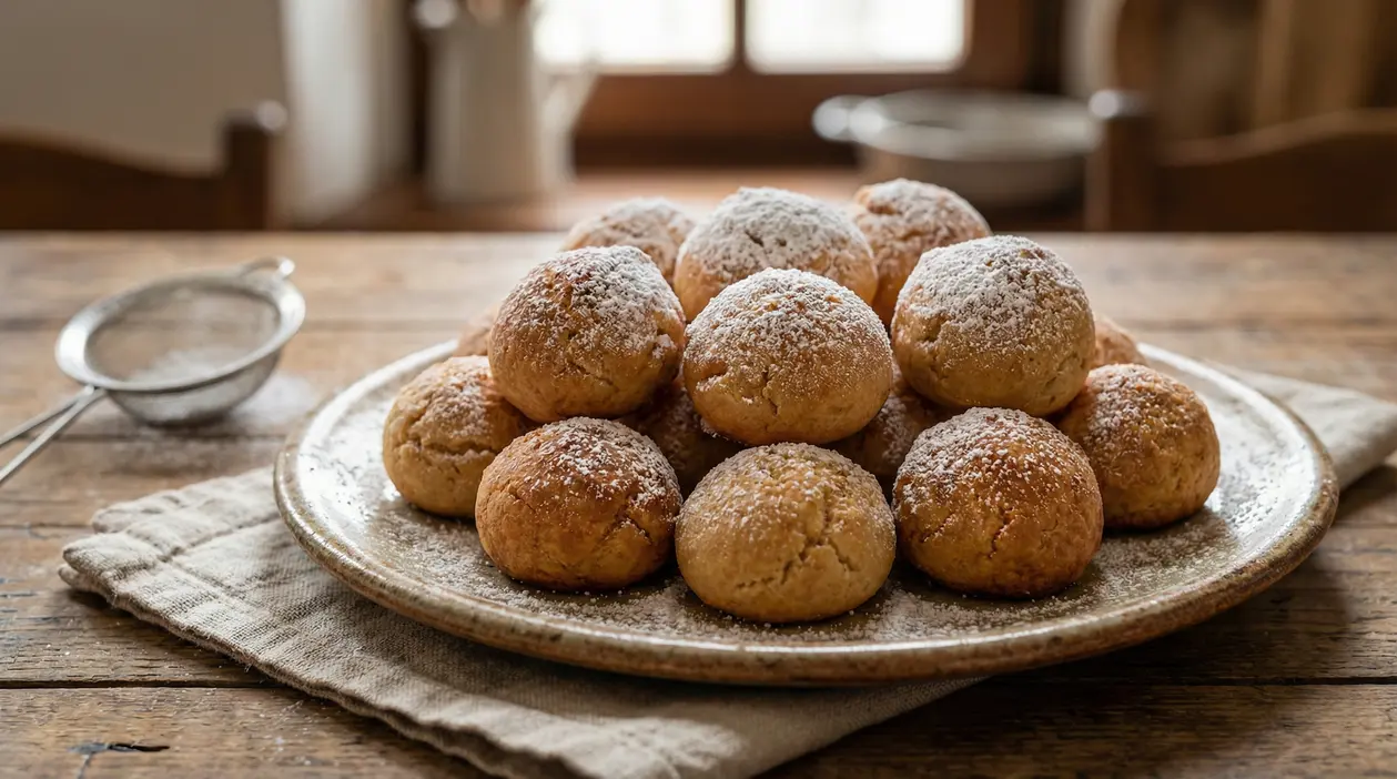 Castagnole al forno disposte su un piatto rustico e spolverate di zucchero a velo