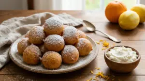 Piatto di castagnole soffici spolverate di zucchero a velo con ricotta e agrumi in sfondo