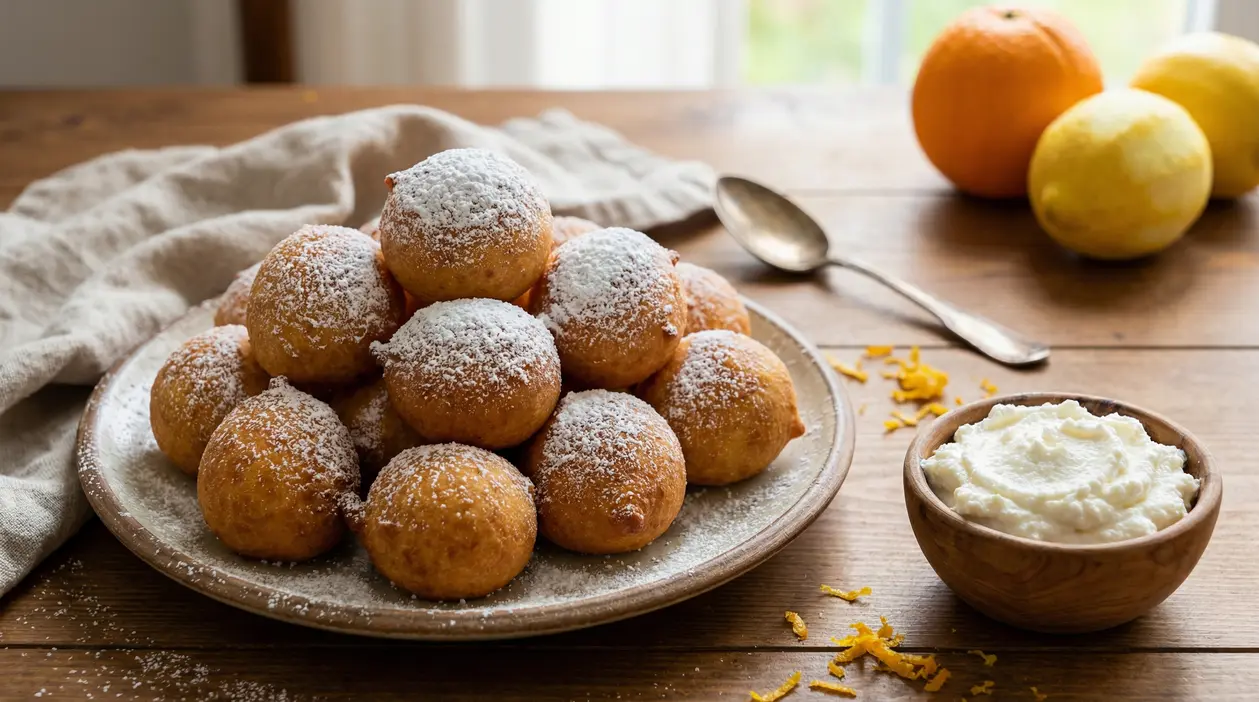 Piatto di castagnole soffici spolverate di zucchero a velo con ricotta e agrumi in sfondo
