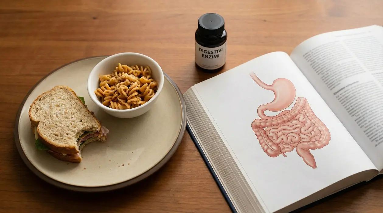 Un piatto con un panino, una ciotola di pasta, un libro aperto con immagine dell'intestino e un flacone di enzimi digestivi