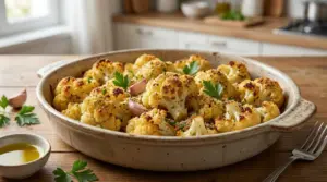 Cavolfiore gratinato al forno con aglio e prezzemolo in una teglia di ceramica su un tavolo rustico