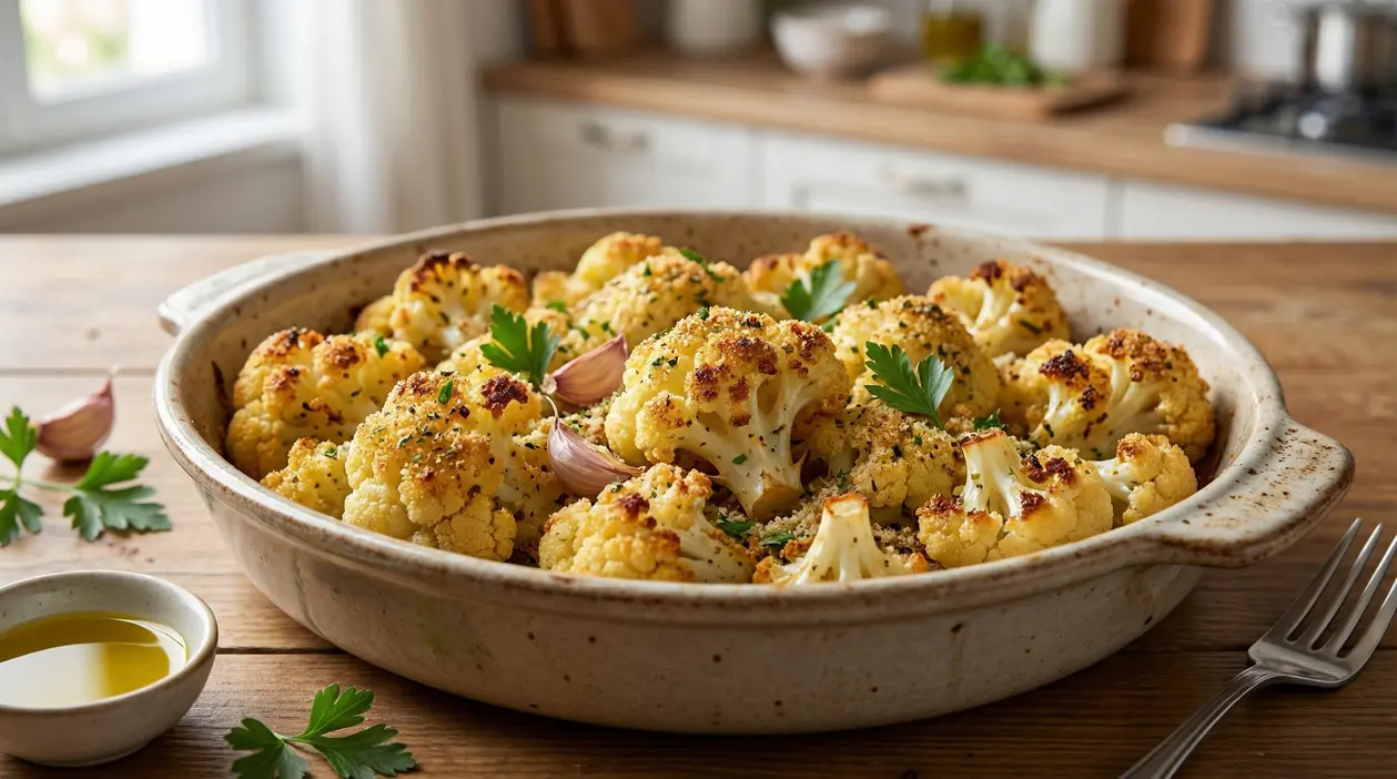 Cavolfiore gratinato al forno con aglio e prezzemolo in una teglia di ceramica su un tavolo rustico