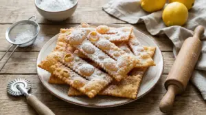 Chiacchiere fritte ricoperte di zucchero a velo su un piatto di ceramica, con utensili da cucina sul tavolo
