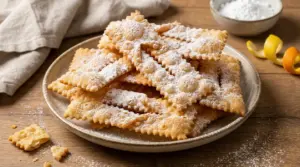 Piatto di chiacchiere croccanti spolverate di zucchero a velo su tavolo in legno