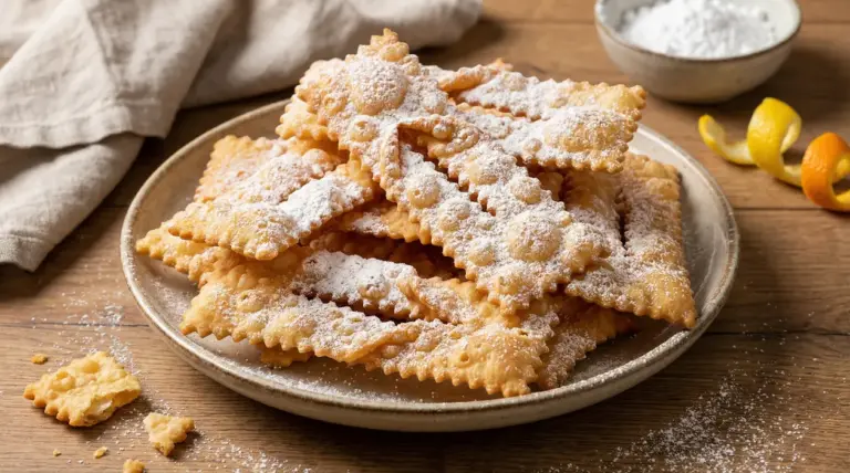 Piatto di chiacchiere croccanti spolverate di zucchero a velo su tavolo in legno