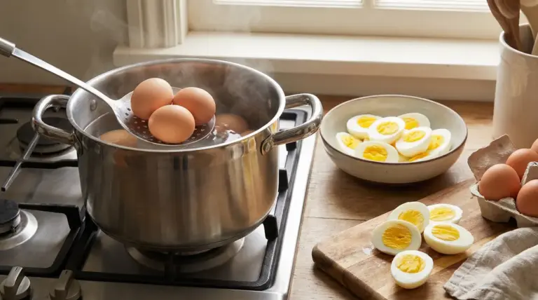 Uova in un pentolone con acqua bollente su fornello, accanto a uova sode tagliate su tagliere
