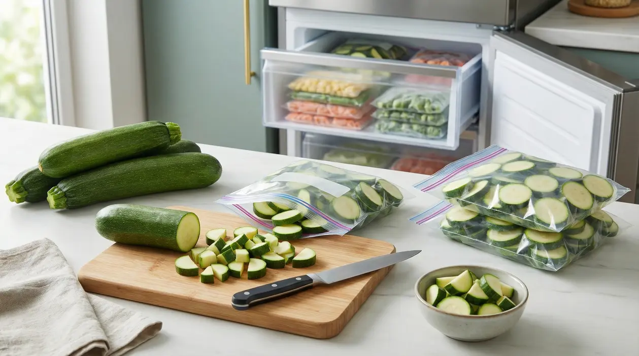 Zucchine tagliate e confezionate in sacchetti per il congelamento su un piano da cucina