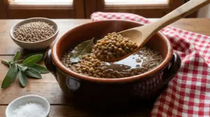 Lenticchie cotte in una pentola di terracotta con foglie di alloro e mestolo di legno