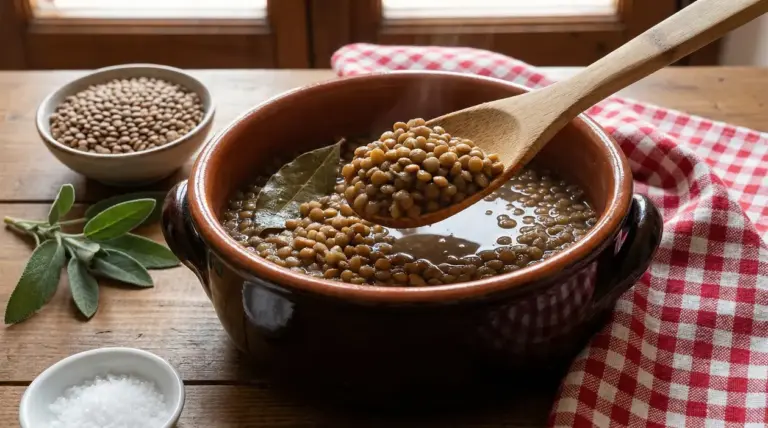 Lenticchie cotte in una pentola di terracotta con foglie di alloro e mestolo di legno