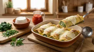 Crespelle ripiene di ricotta e spinaci in una teglia da forno con ingredienti freschi sul tavolo