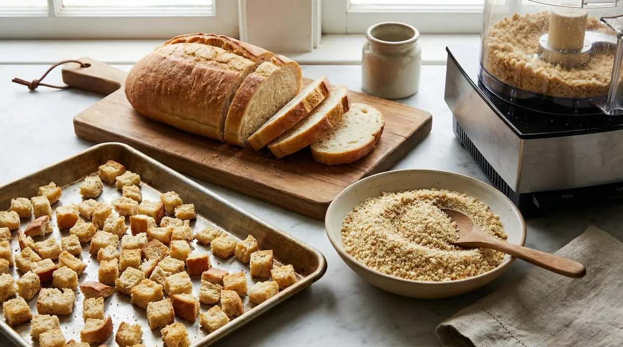 Pane a fette, cubetti di pane tostato, pangrattato e un mixer su un piano da cucina.