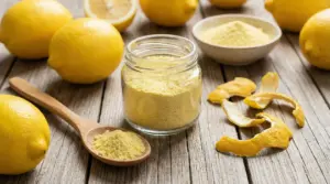 Barattolo di polvere di limone con limoni freschi, bucce e cucchiaio di legno su tavolo rustico