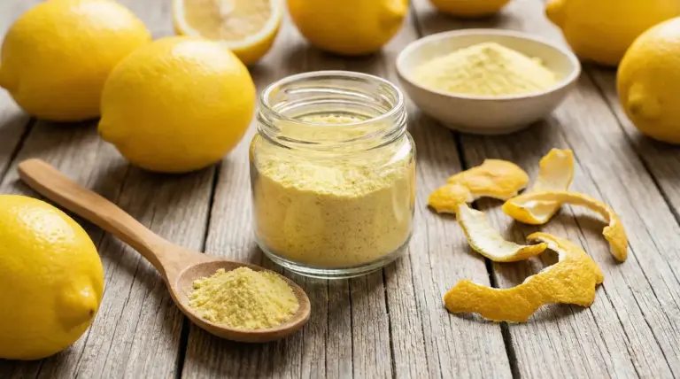 Barattolo di polvere di limone con limoni freschi, bucce e cucchiaio di legno su tavolo rustico