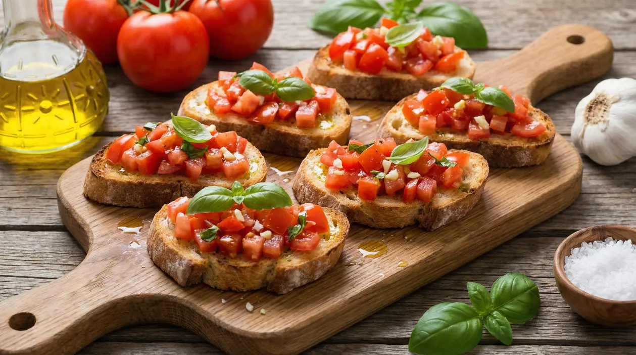Fette di bruschetta con pomodori freschi e basilico su tagliere di legno