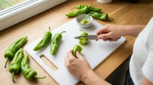 Persona che pulisce e taglia dei friggitelli verdi su un tagliere bianco