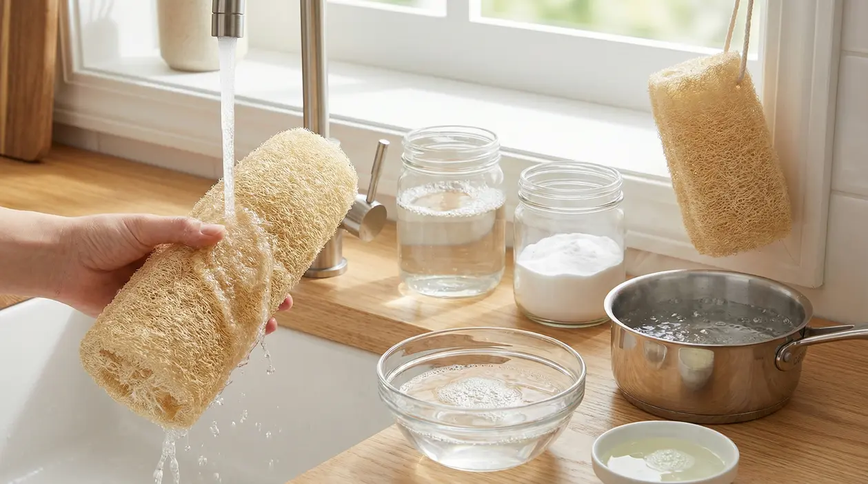 Una mano risciacqua una spugna di luffa sotto l'acqua corrente in cucina