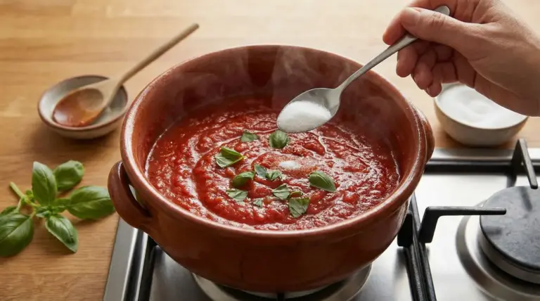 Cucina casalinga con sugo di pomodoro in cottura e una mano che aggiunge zucchero