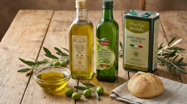 Bottiglie e lattina di olio extravergine d'oliva con ciotola, pane e olive su tavolo rustico