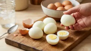 Uova sode sgusciate su un tagliere con un guscio rotto e una mano che ne tiene una