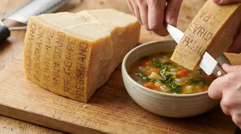 Scorza di parmigiano reggiano inserita in una zuppa di verdure fatta in casa